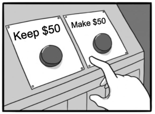 Cartoon hand choosing between keep or earn 50 dollars buttons
