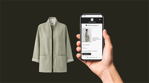 Linen coat alongside mobile shopping product page