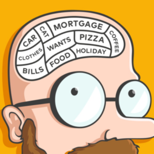 Cartoon man’s brain filled with daily expense items text