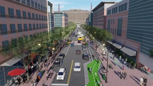Rendering of city street with protected dedicated bicycle path