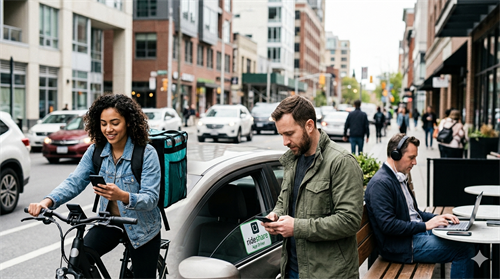 Bike delivery rider and rideshare driver checking mobile apps downtown