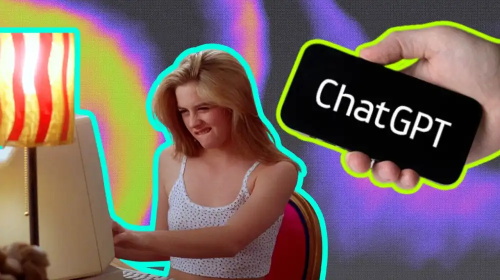 girl typing while hand holds ChatGPT labeled phone