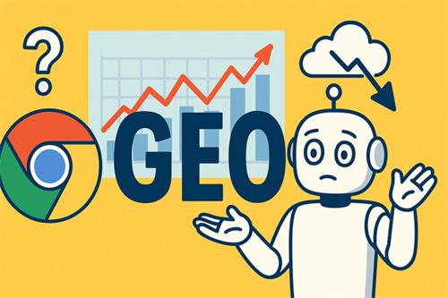Cartoon confused robot with Chrome icon and SEO growth chart background