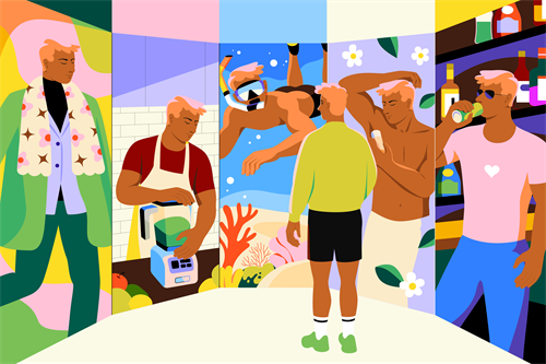 Split-panel illustration of men in varied lifestyle scenes