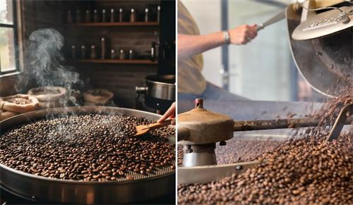 Split photo showing manual coffee bean roasting process