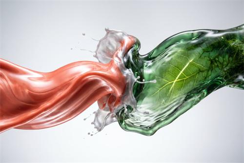 Red and green glossy liquid splash blending with embedded leaf texture