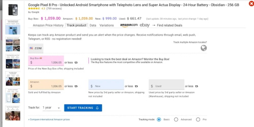 Browser screenshot of Amazon product price tracking plugin page