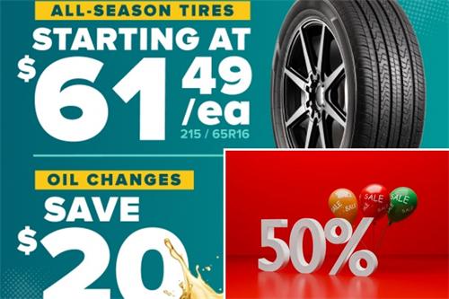 Auto service sale poster for tires, oil change and 50% off promotion